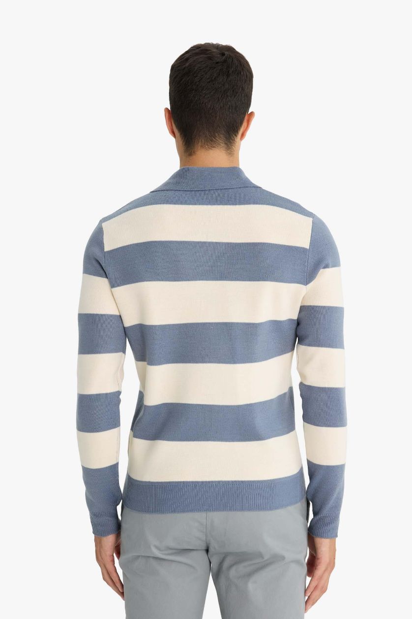 Erkek Açık İndigo Standart Fit Polo Yaka Düğmeli Renk Bloklu Triko Kazak