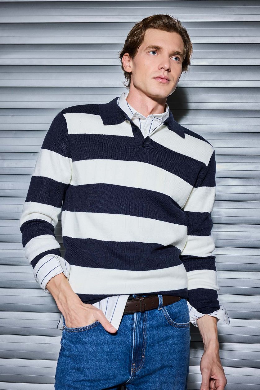 Erkek Lacivert Standart Fit Polo Yaka Düğmeli Renk Bloklu Triko Kazak