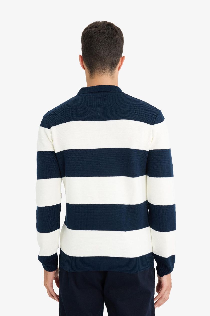 Erkek Lacivert Standart Fit Polo Yaka Düğmeli Renk Bloklu Triko Kazak