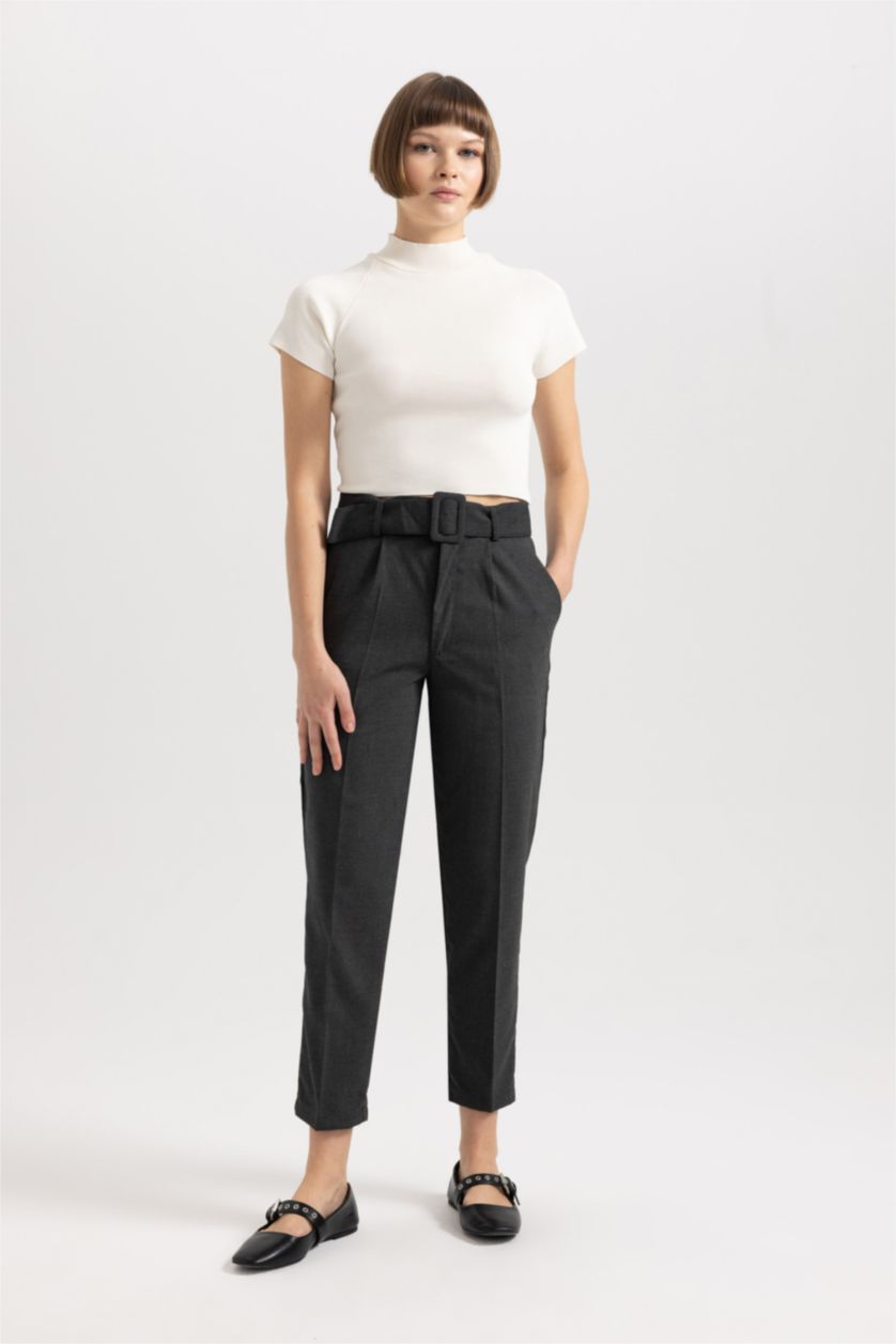 Woman Grey Slim Fit Belted Trousers