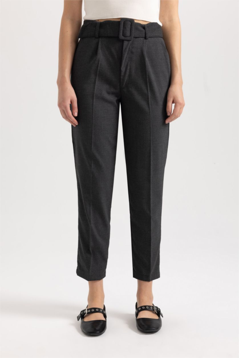 Woman Grey Slim Fit Belted Trousers