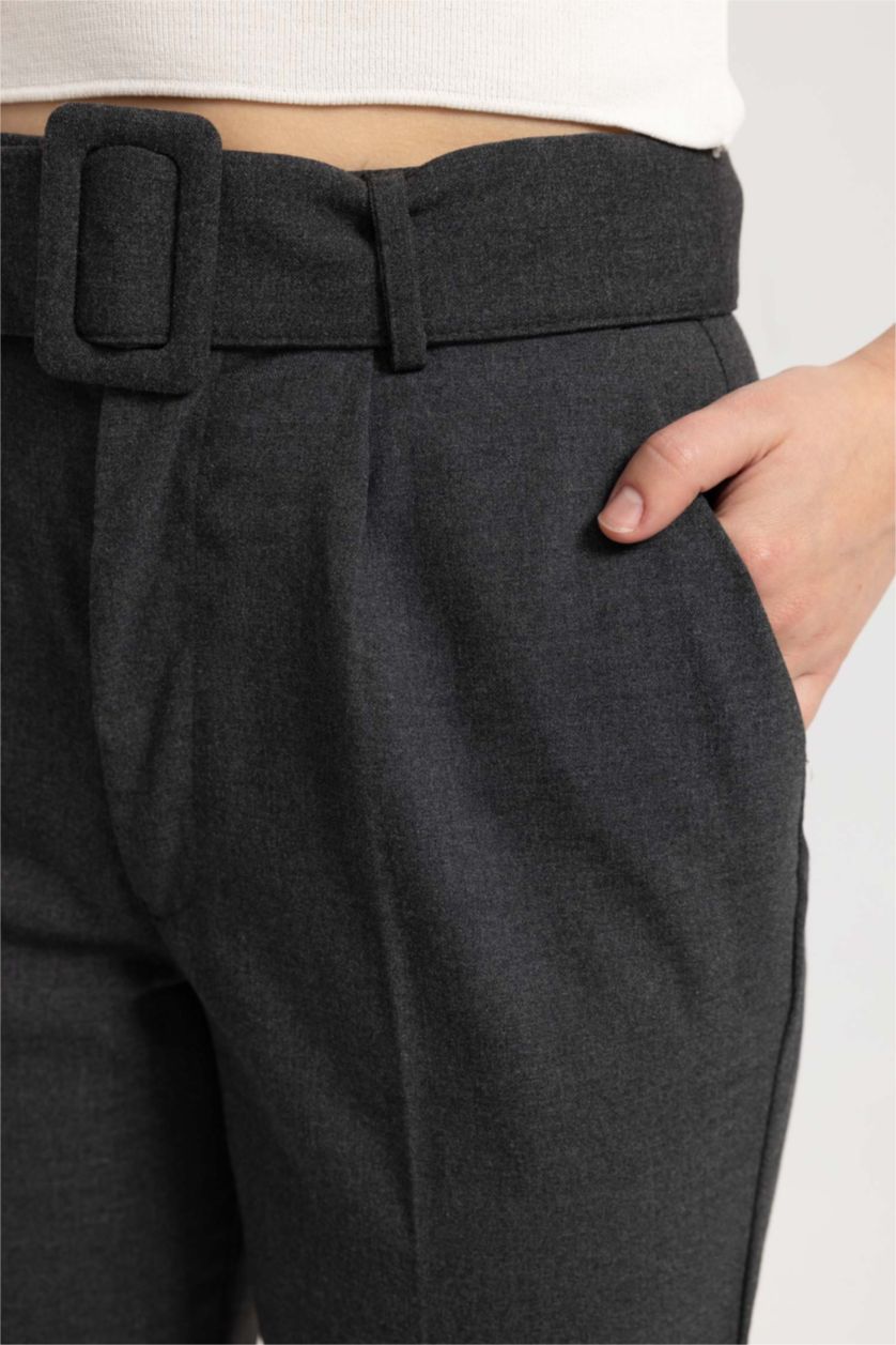 Woman Grey Slim Fit Belted Trousers