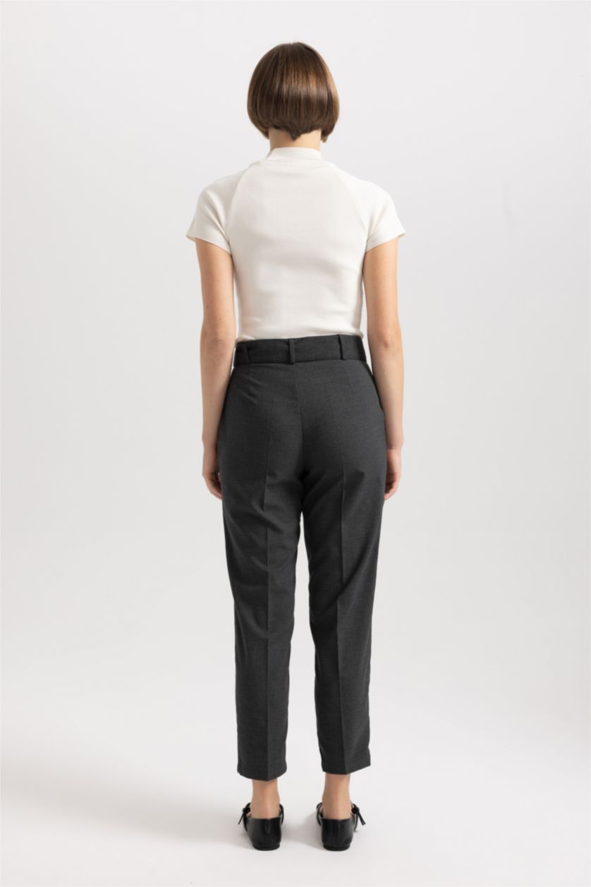 Woman Grey Slim Fit Belted Trousers