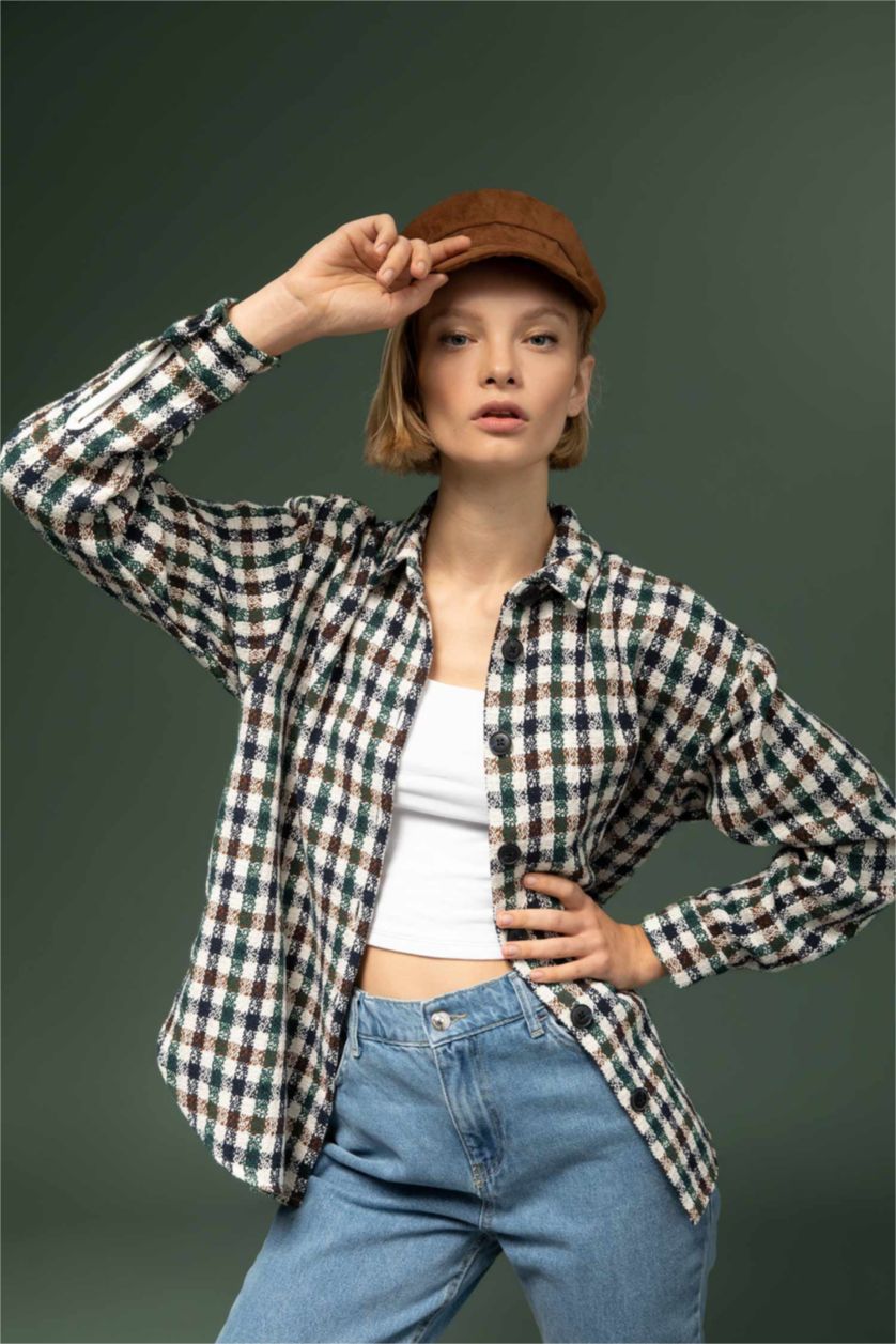 Женщины Бежевый Рубашка оверсайз в клетку с длинным рукавом