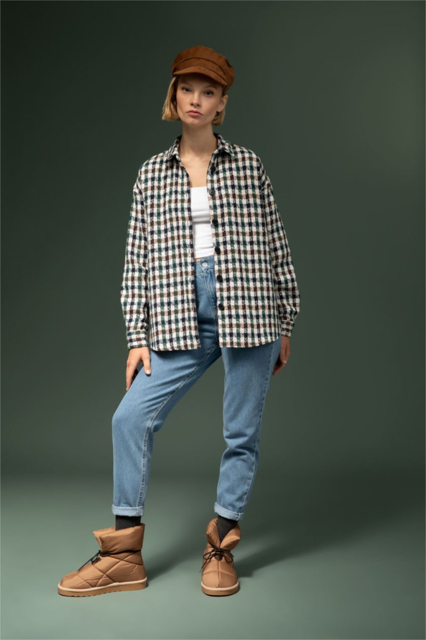 Женщины Бежевый Рубашка оверсайз в клетку с длинным рукавом