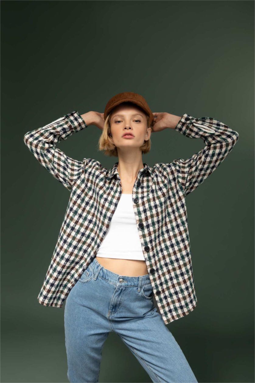 Женщины Бежевый Рубашка оверсайз в клетку с длинным рукавом