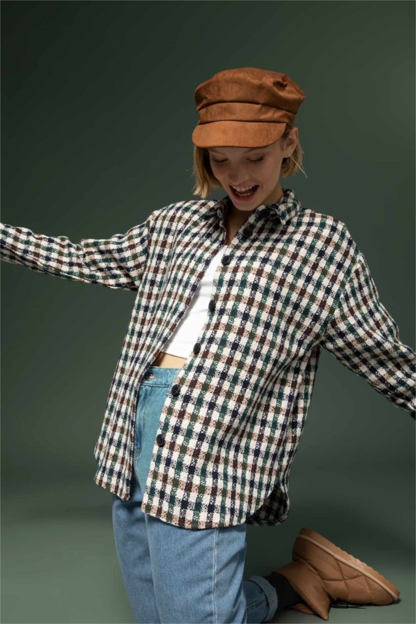 Женщины Бежевый Рубашка оверсайз в клетку с длинным рукавом