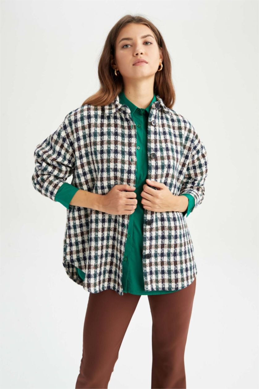 Женщины Бежевый Рубашка оверсайз в клетку с длинным рукавом