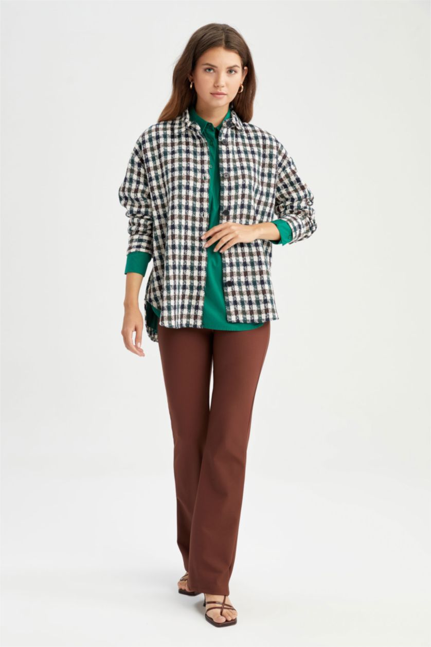 Женщины Бежевый Рубашка оверсайз в клетку с длинным рукавом