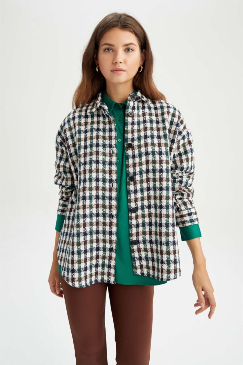 Женщины Бежевый Рубашка оверсайз в клетку с длинным рукавом