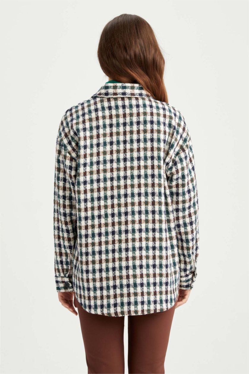 Женщины Бежевый Рубашка оверсайз в клетку с длинным рукавом