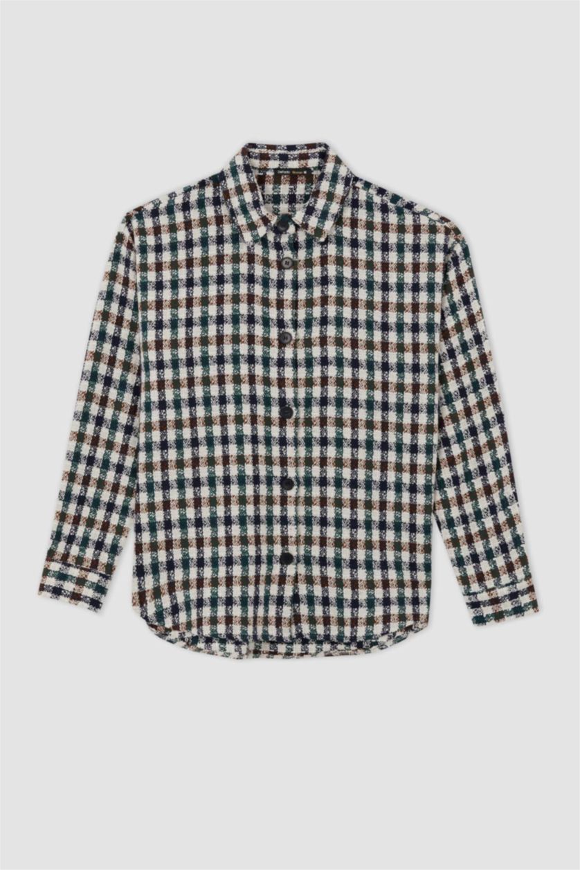 Женщины Бежевый Рубашка оверсайз в клетку с длинным рукавом