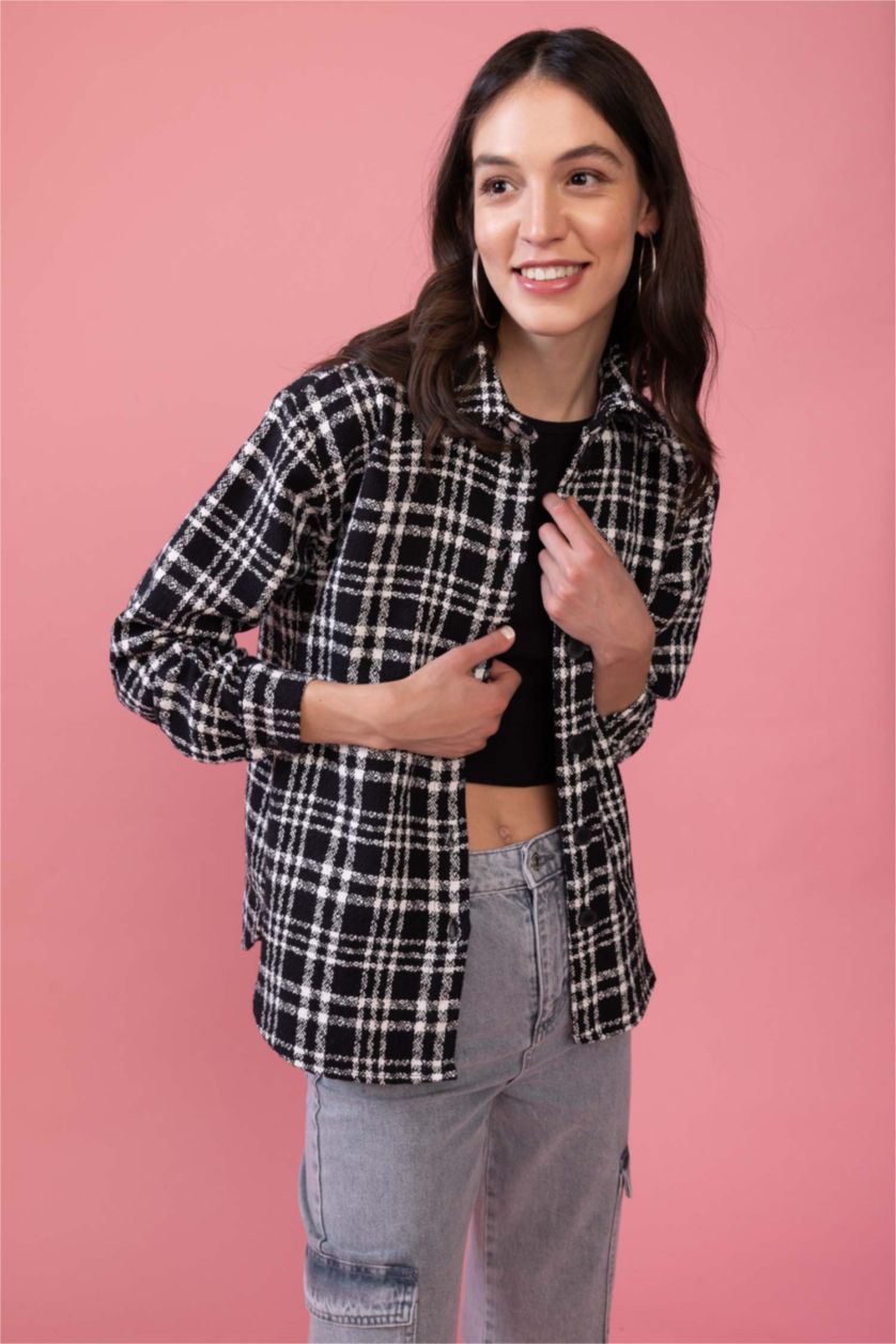 Женщины Черный Рубашка оверсайз в клетку с длинным рукавом