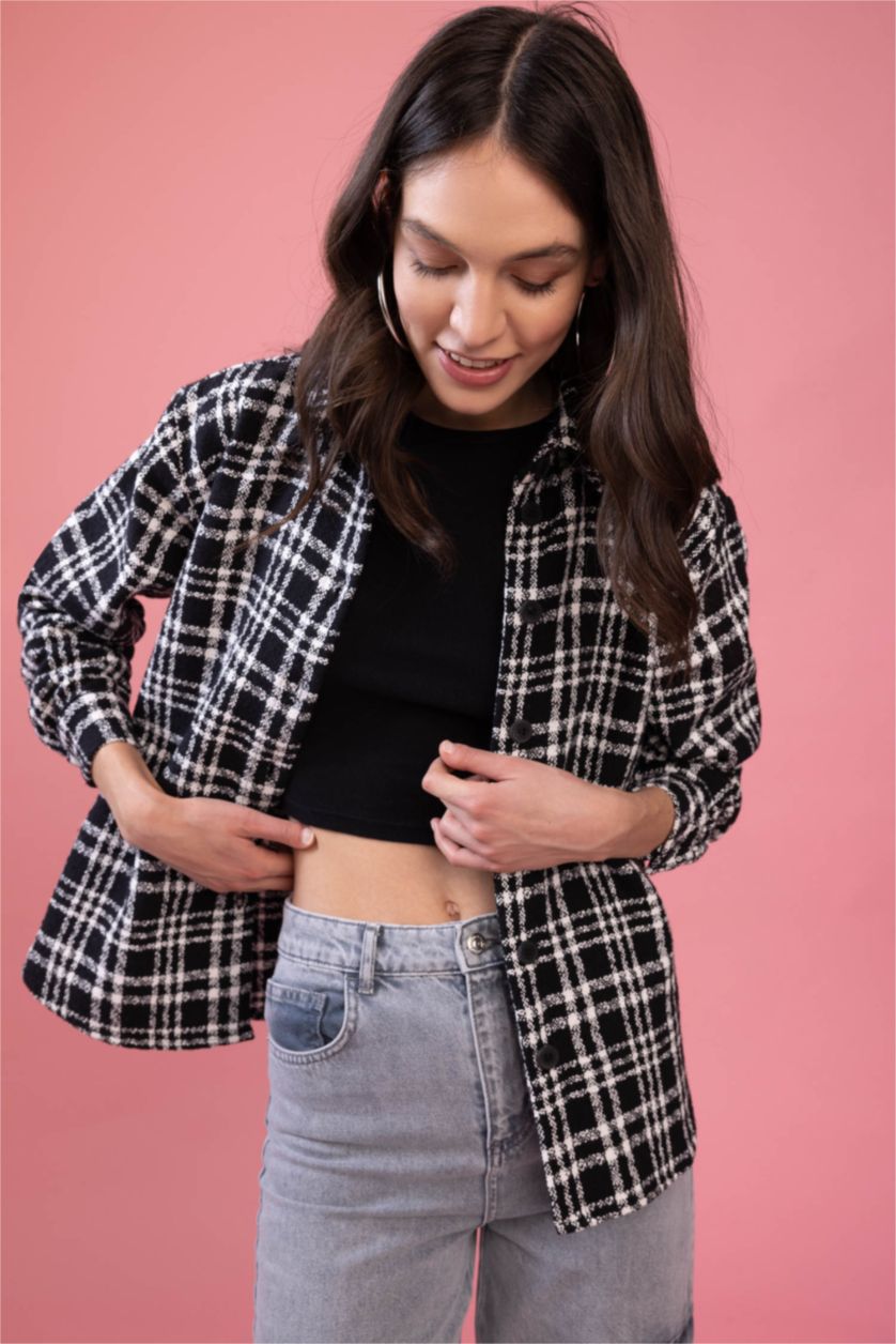 Женщины Черный Рубашка оверсайз в клетку с длинным рукавом