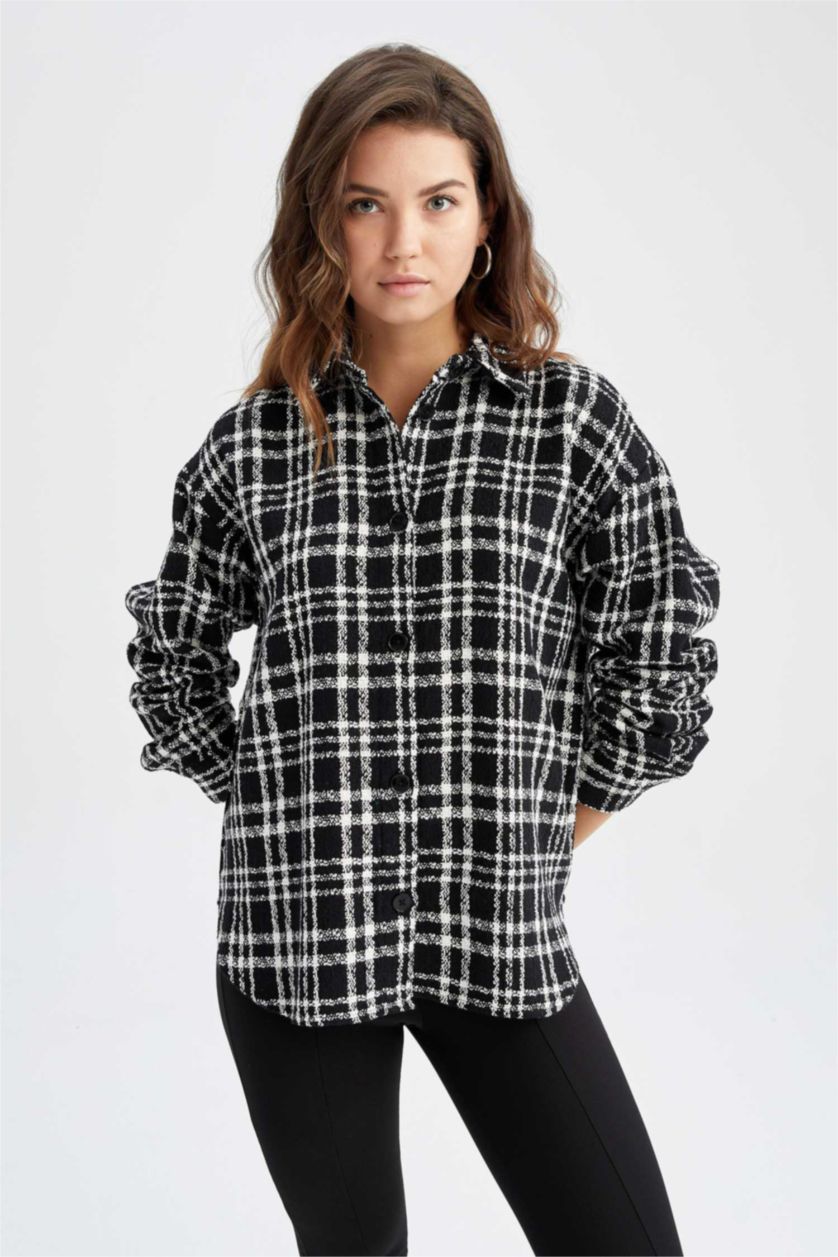 Женщины Черный Рубашка оверсайз в клетку с длинным рукавом