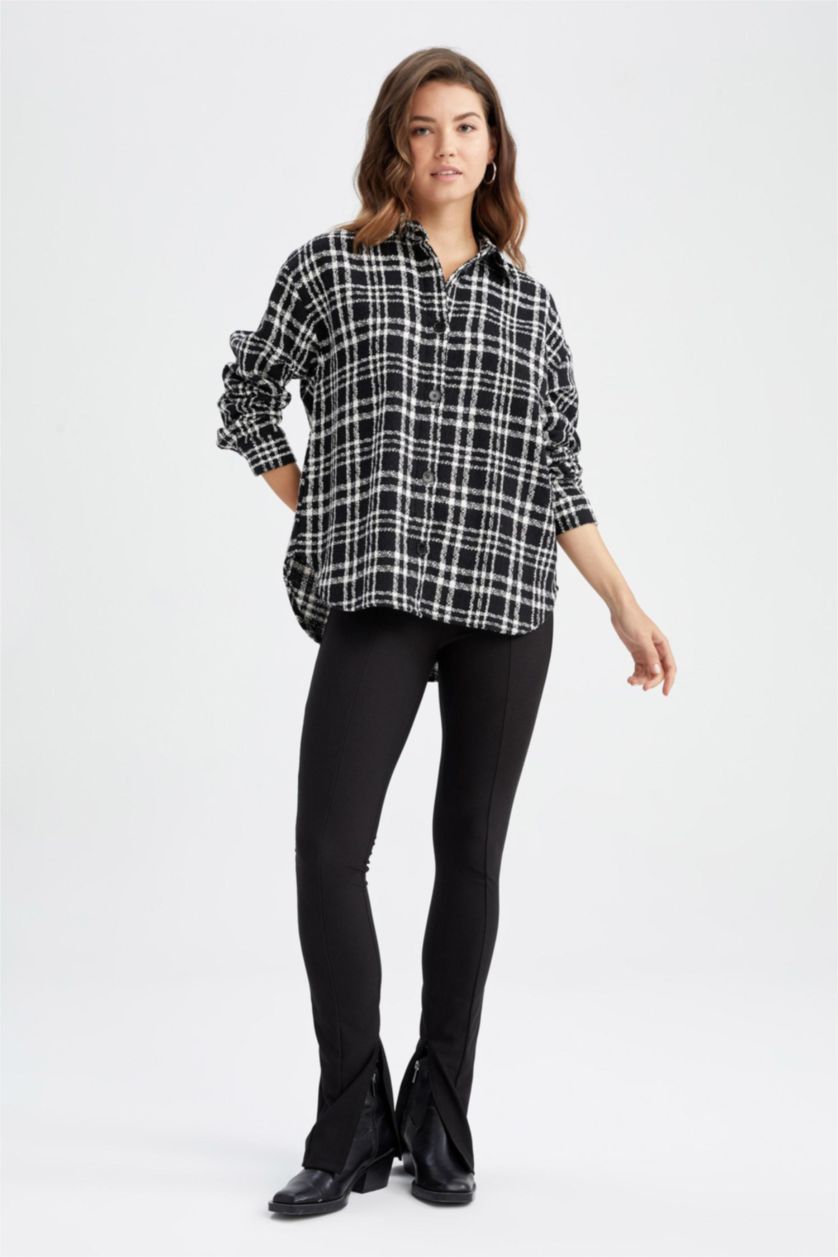 Женщины Черный Рубашка оверсайз в клетку с длинным рукавом