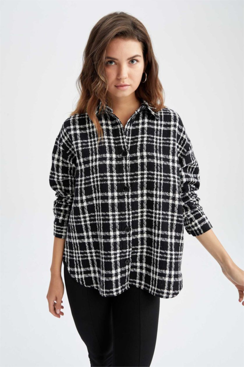 Женщины Черный Рубашка оверсайз в клетку с длинным рукавом