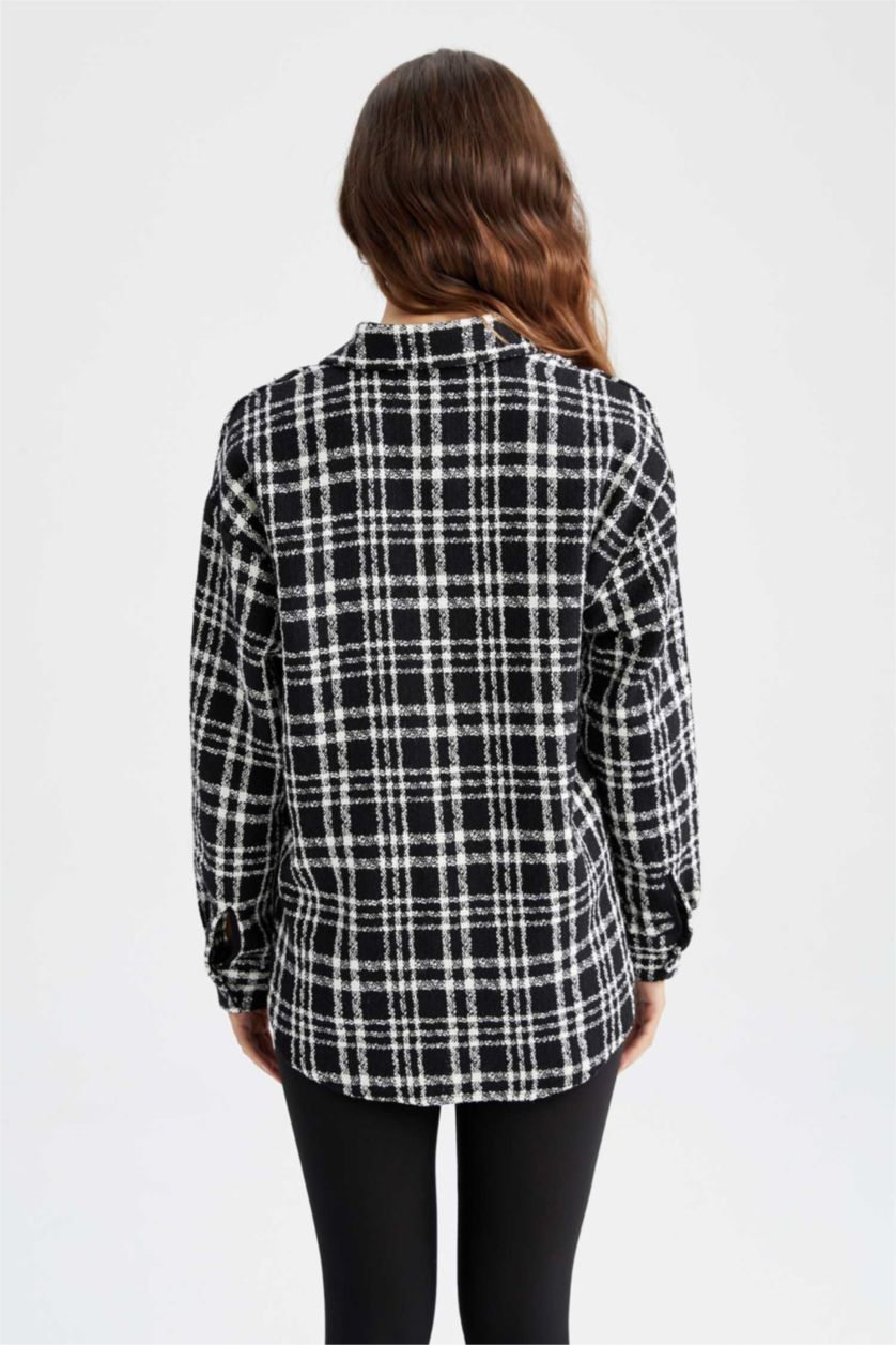 Женщины Черный Рубашка оверсайз в клетку с длинным рукавом