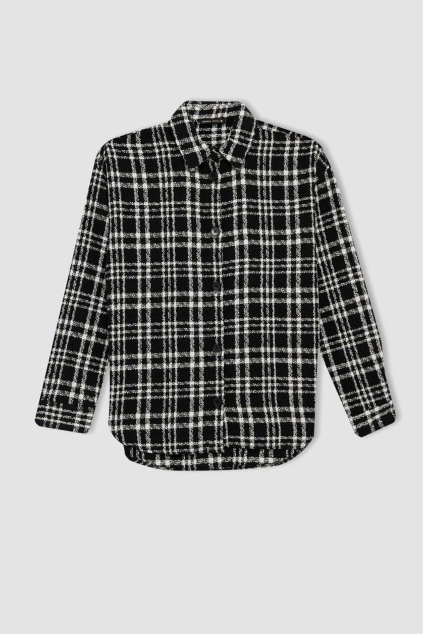 Женщины Черный Рубашка оверсайз в клетку с длинным рукавом