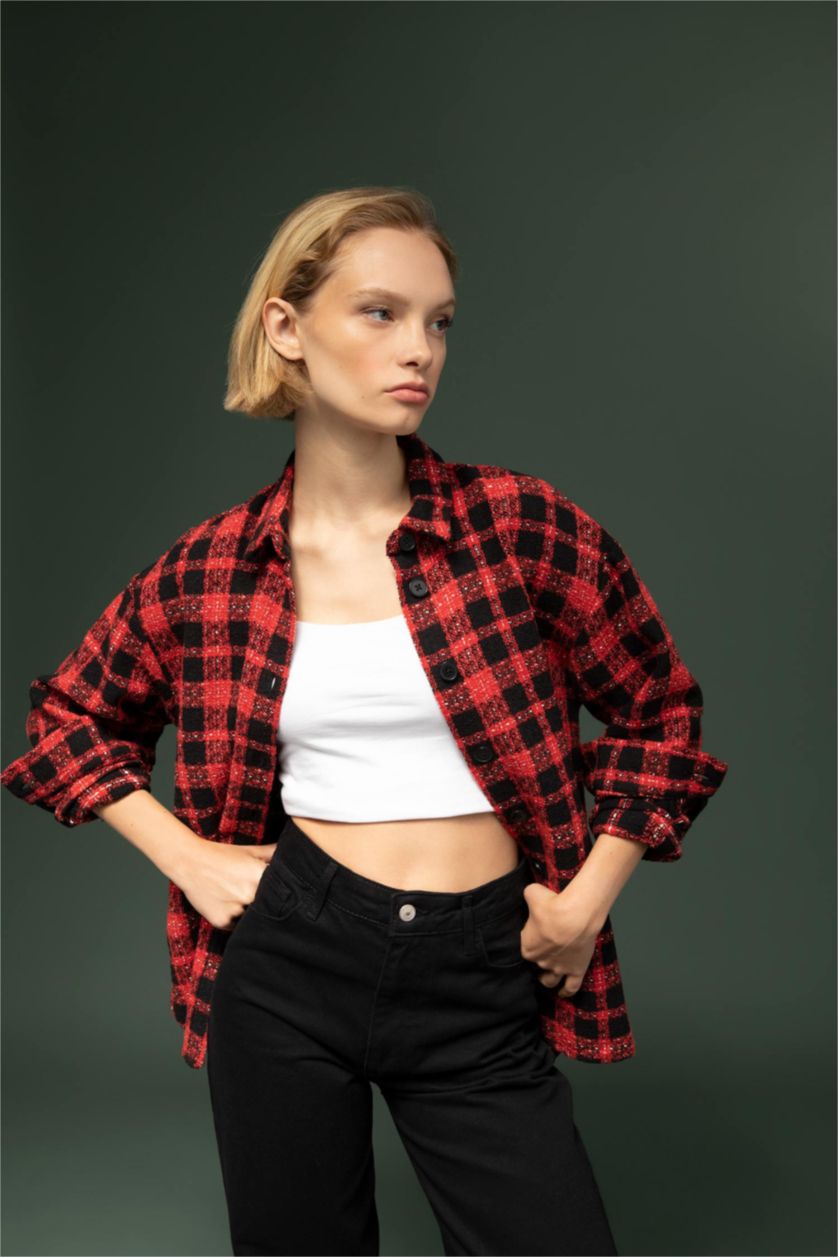 WOMAN Red Oversize Fit Shirt Collar Long Sleeve Shirt