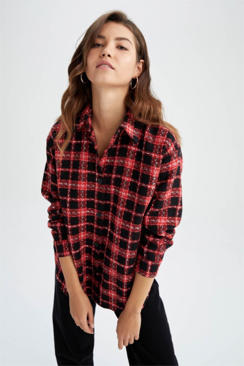 WOMAN Red Oversize Fit Shirt Collar Long Sleeve Shirt