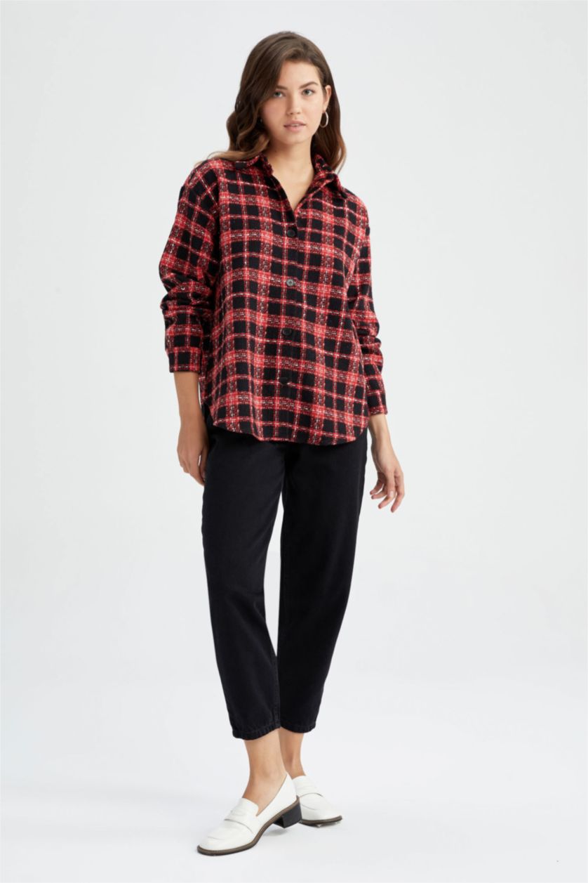 WOMAN Red Oversize Fit Shirt Collar Long Sleeve Shirt