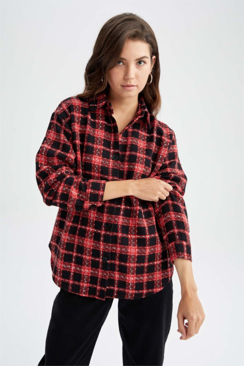 WOMAN Red Oversize Fit Shirt Collar Long Sleeve Shirt