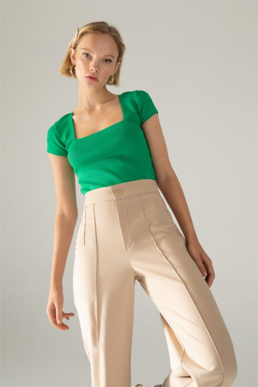 نساء Yeşil بلوز صوف نص ردن بياخة مستديرة