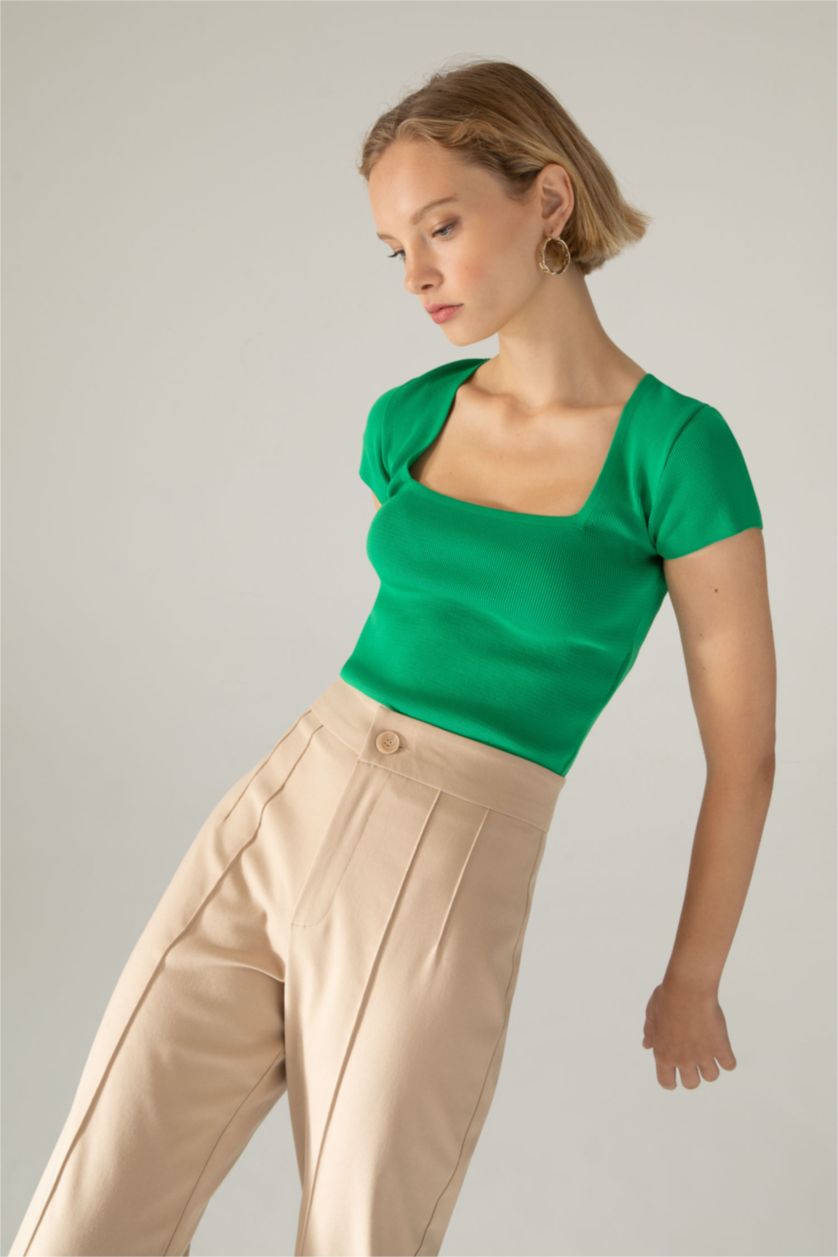 نساء Yeşil بلوز صوف نص ردن بياخة مستديرة