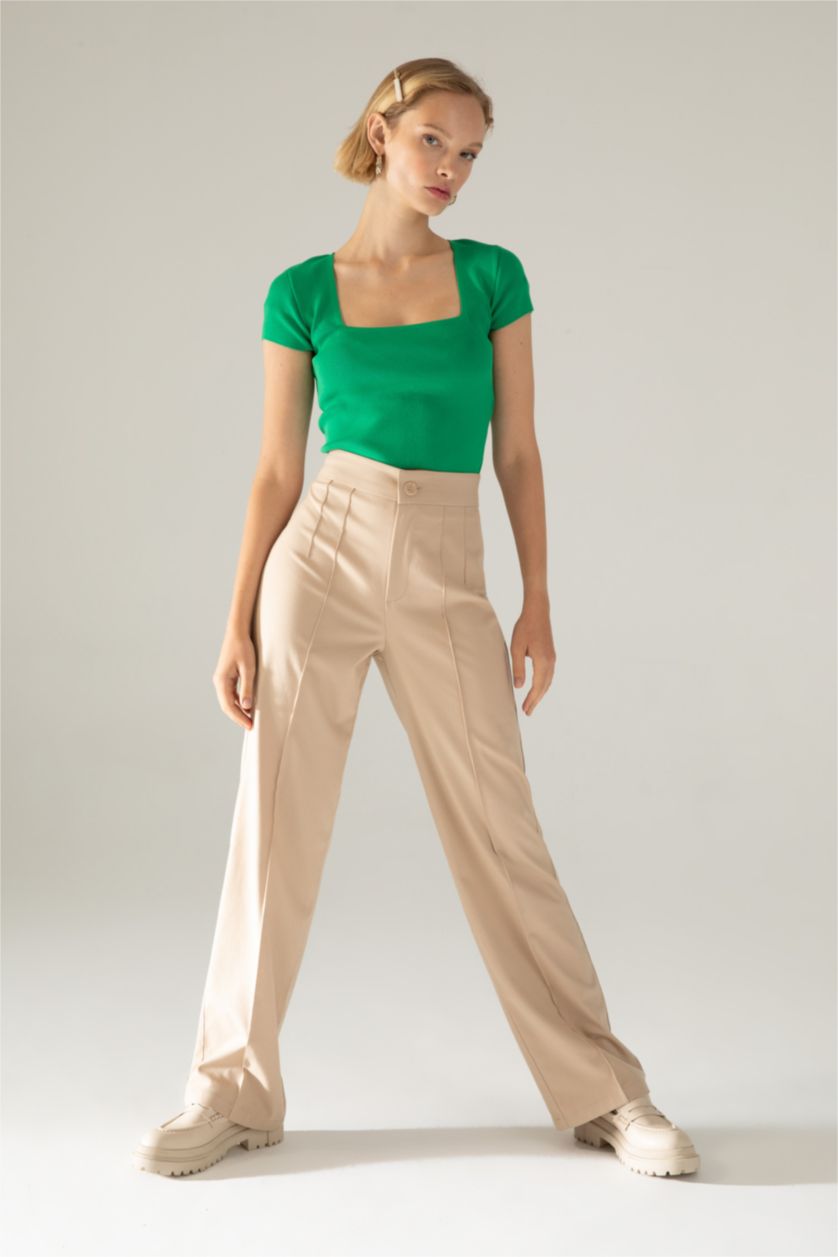 نساء Yeşil بلوز صوف نص ردن بياخة مستديرة