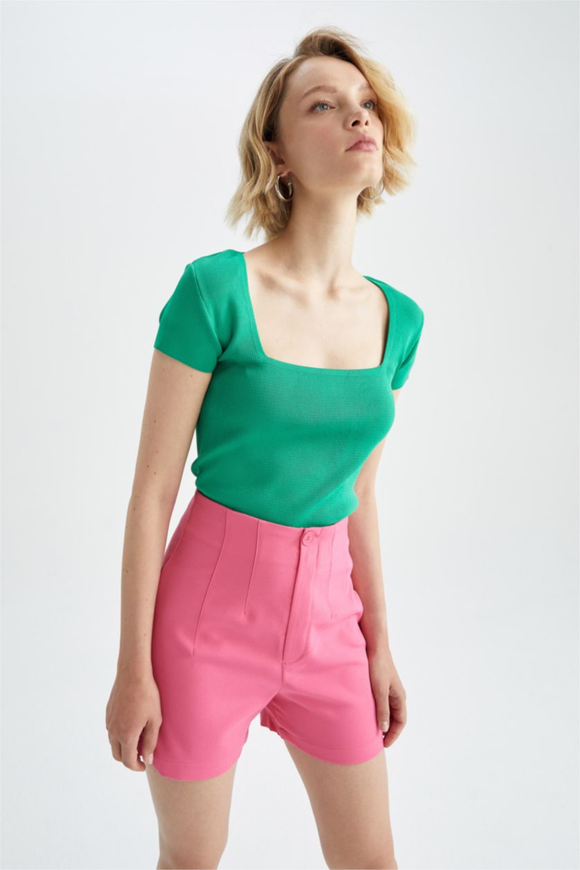 نساء Yeşil بلوز صوف نص ردن بياخة مستديرة