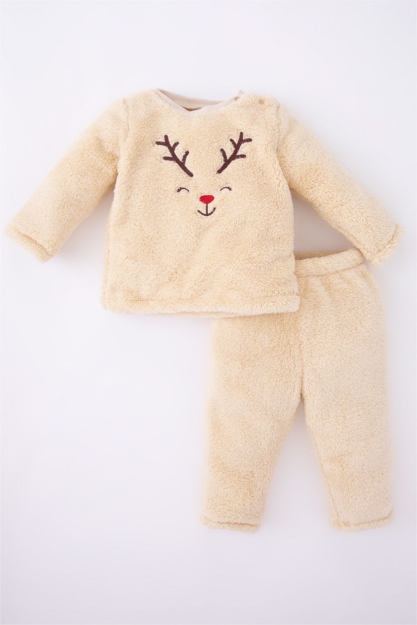 Baby Girl Beige Baby Girl Christmas Themed Plush Pajamas Set