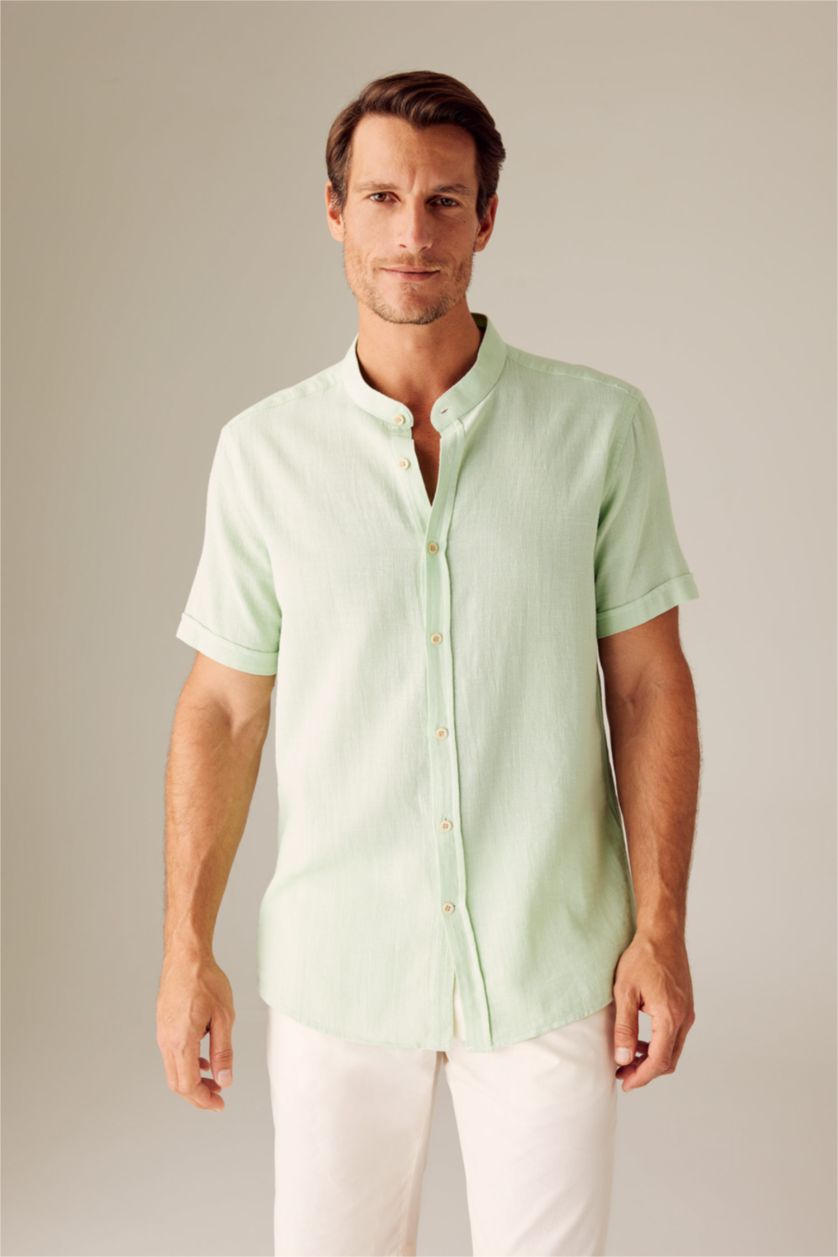 Erkek Mint Regular Fıt Dik Yaka Kısa Kollu Gömlek