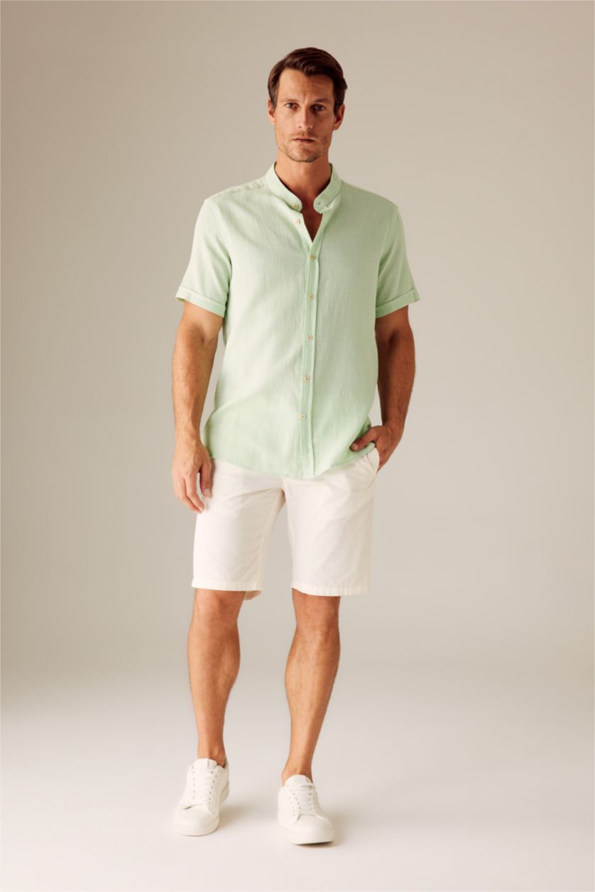 Erkek Mint Regular Fıt Dik Yaka Kısa Kollu Gömlek