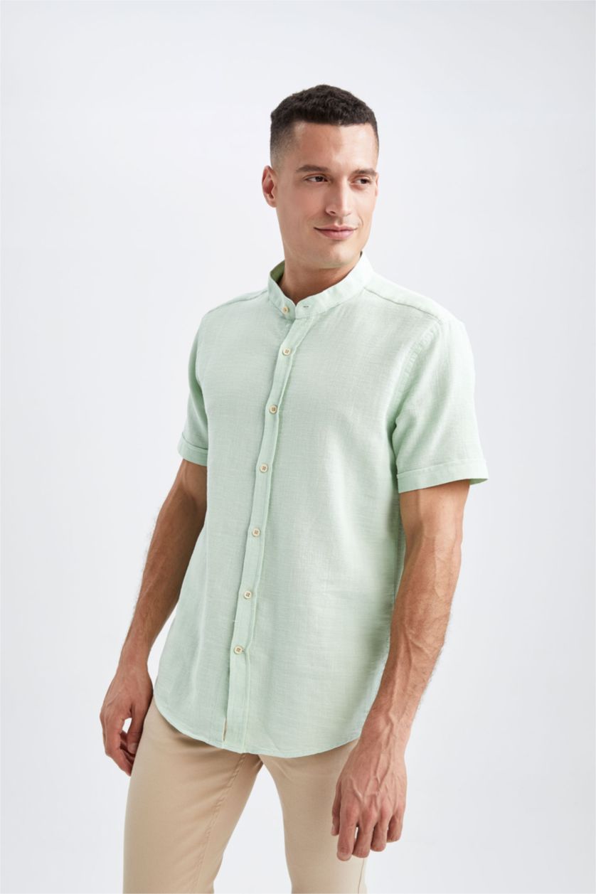 Erkek Mint Regular Fıt Dik Yaka Kısa Kollu Gömlek