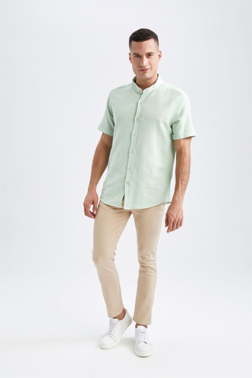 Erkek Mint Regular Fıt Dik Yaka Kısa Kollu Gömlek