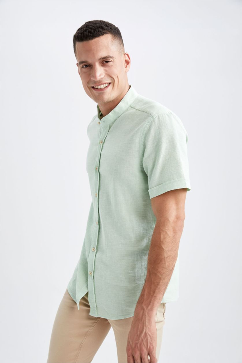 Erkek Mint Regular Fıt Dik Yaka Kısa Kollu Gömlek