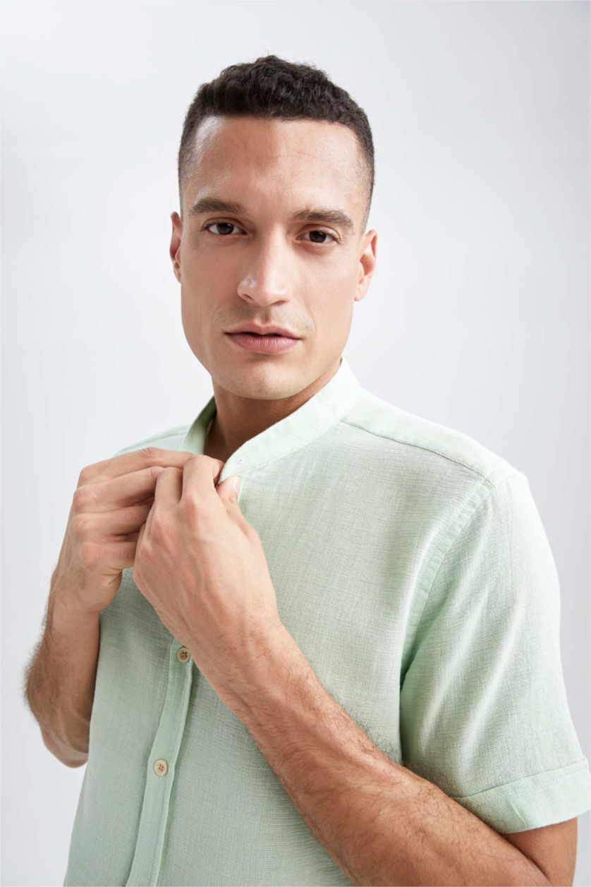 Erkek Mint Regular Fıt Dik Yaka Kısa Kollu Gömlek