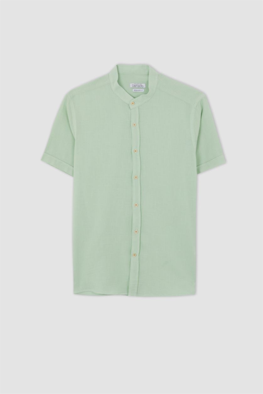 Erkek Mint Regular Fıt Dik Yaka Kısa Kollu Gömlek