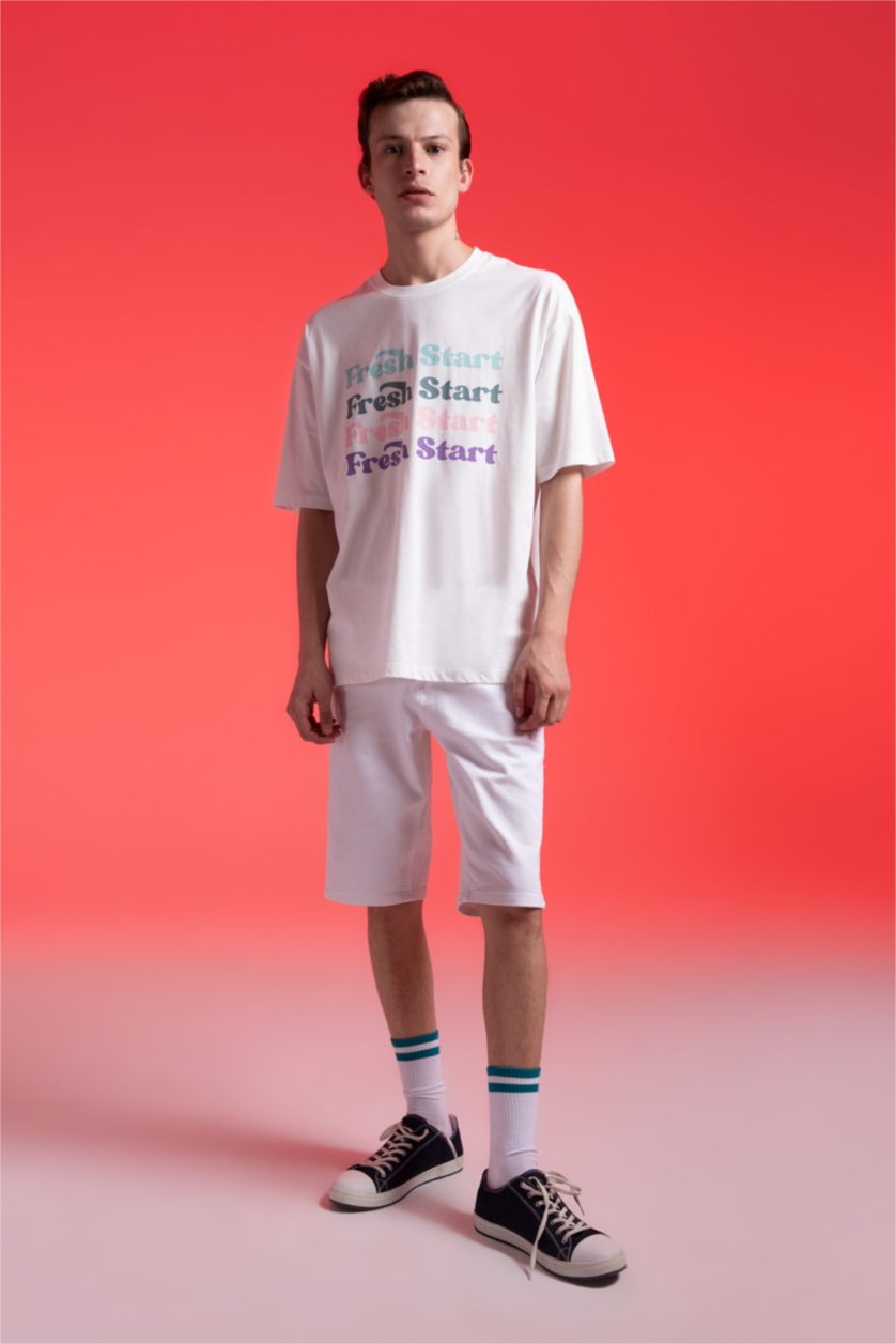 HOMME Écru T-Shirt Ample İmprimé À Col Rond