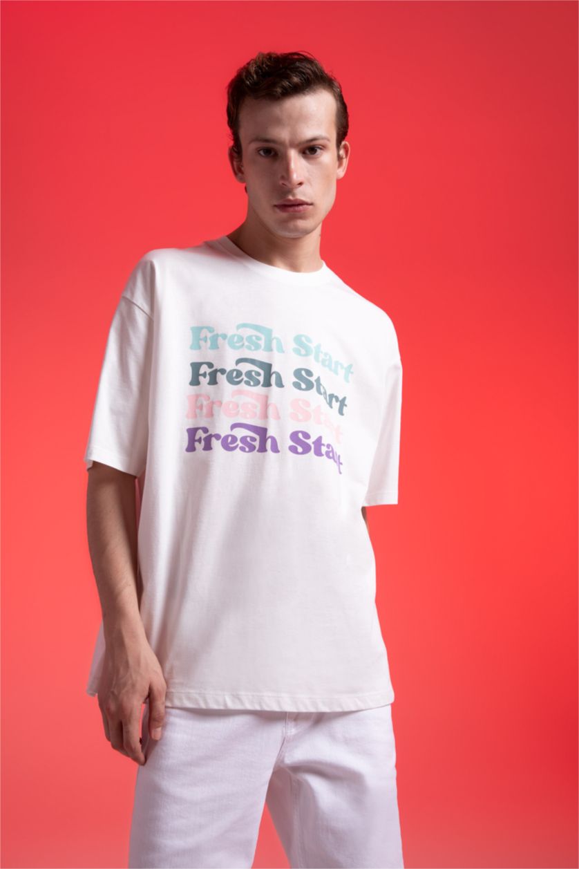 HOMME Écru T-Shirt Ample İmprimé À Col Rond