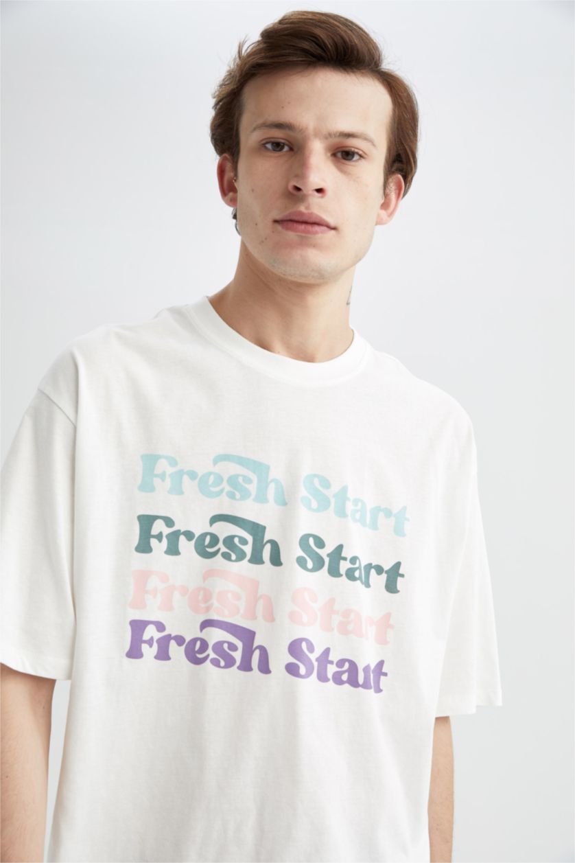 HOMME Écru T-Shirt Ample İmprimé À Col Rond