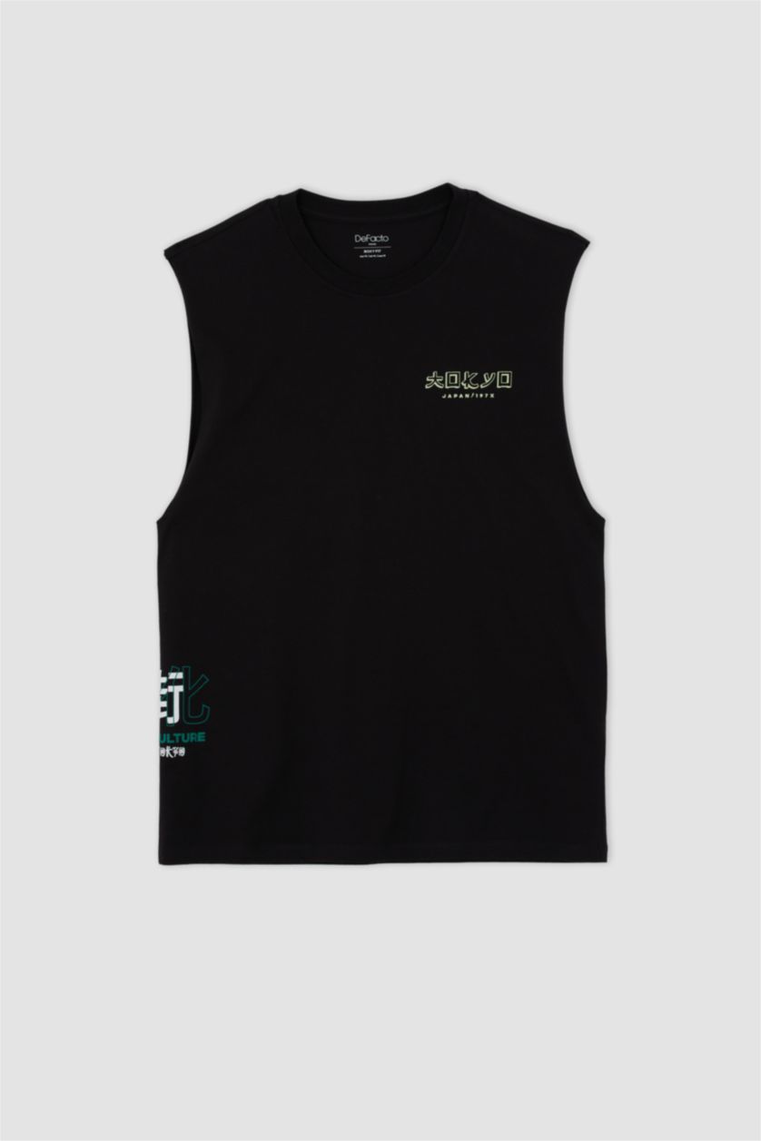 MAN Black Boxy Fit Printed Crew Neck Sleeveless Tank Top