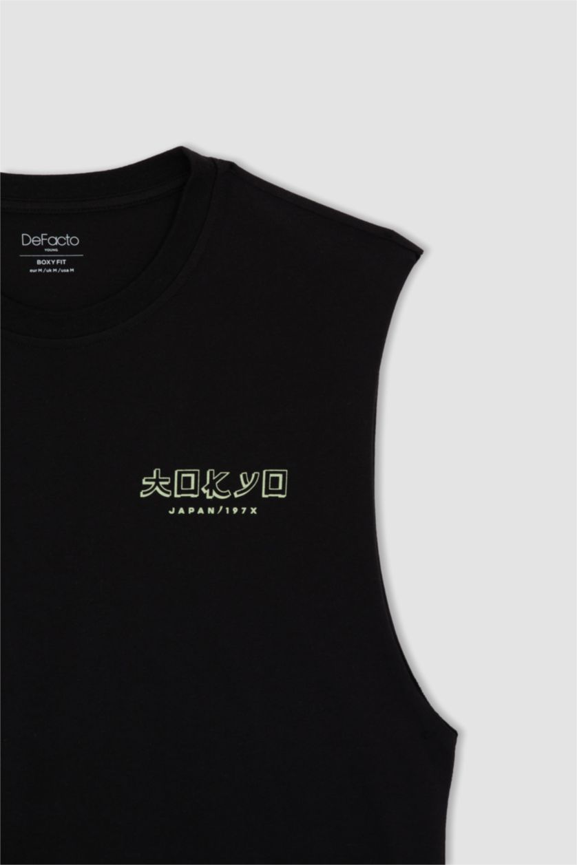 MAN Black Boxy Fit Printed Crew Neck Sleeveless Tank Top