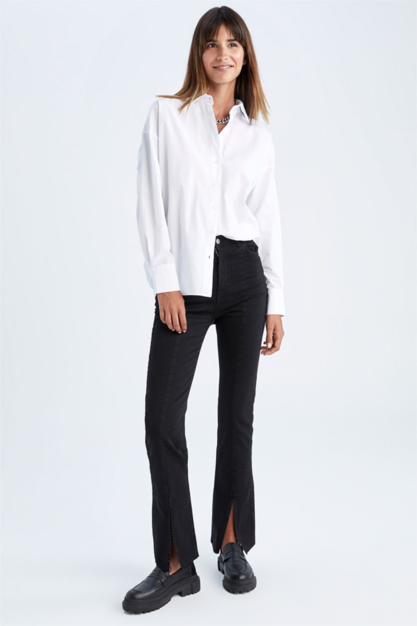 نساء أسود سروال جينز برجل واسع بساق ممزق