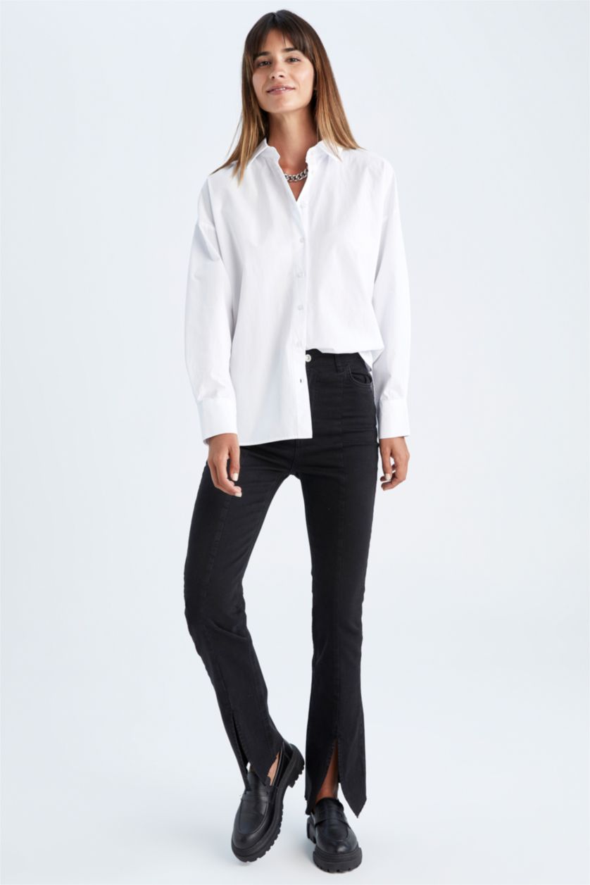 نساء أسود سروال جينز برجل واسع بساق ممزق