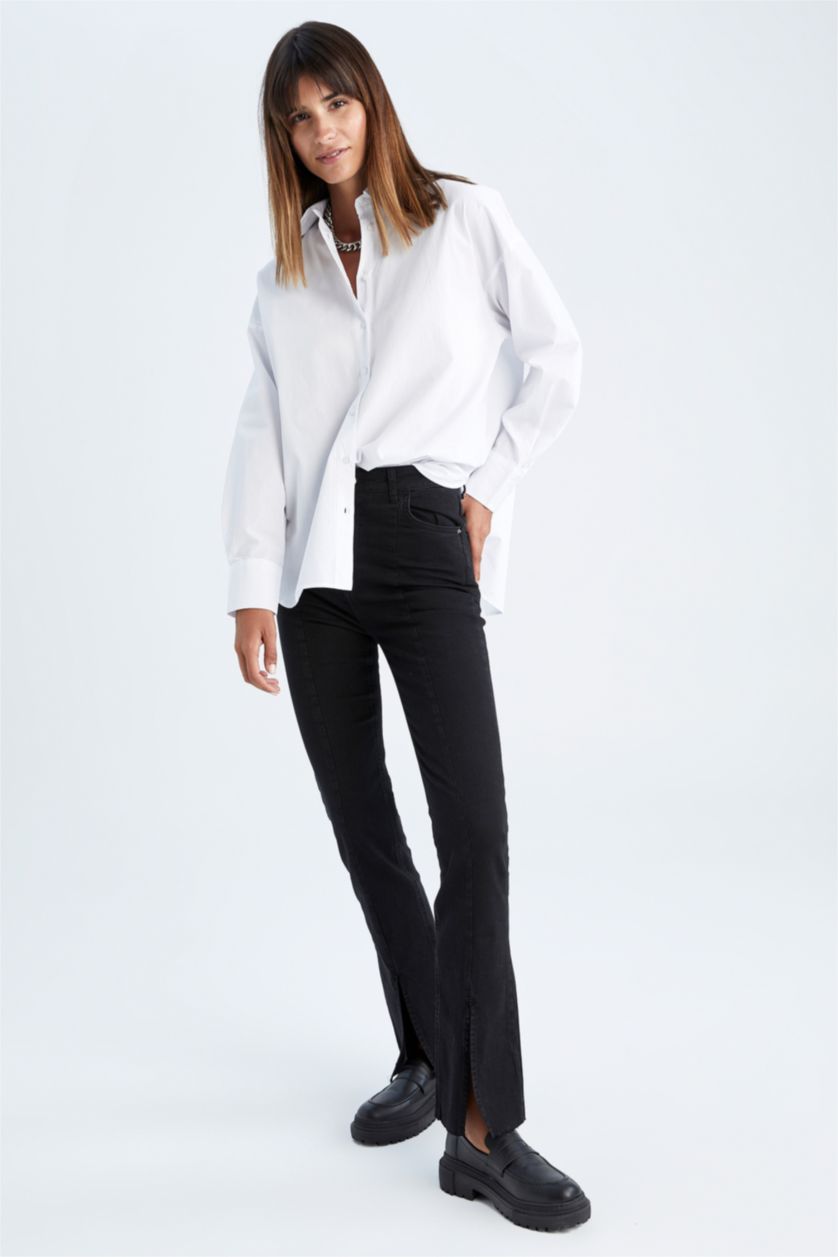 نساء أسود سروال جينز برجل واسع بساق ممزق