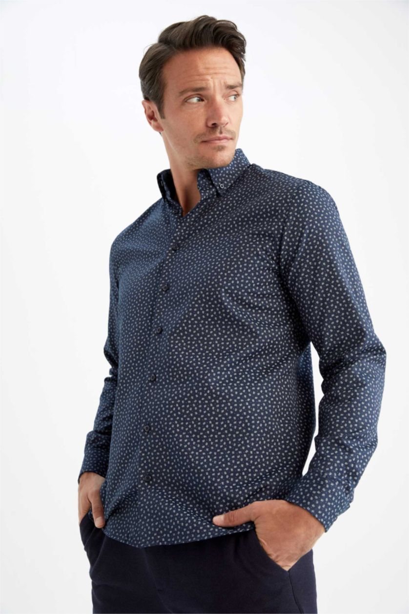 Мужчины Синий Рубашка приталенного кроя с длинным рукавом