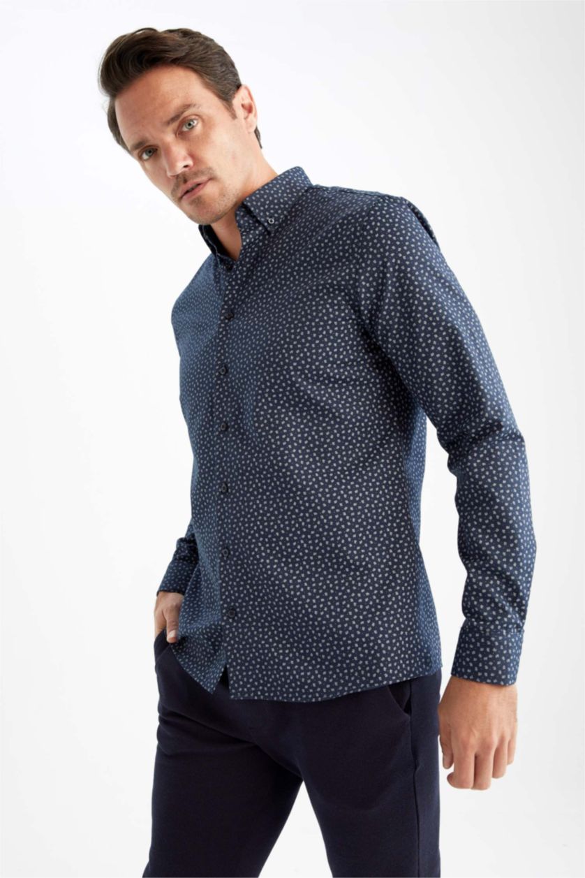 Мужчины Синий Рубашка приталенного кроя с длинным рукавом