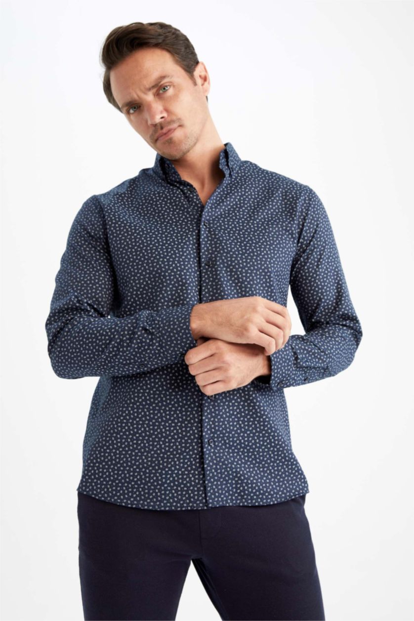 Мужчины Синий Рубашка приталенного кроя с длинным рукавом